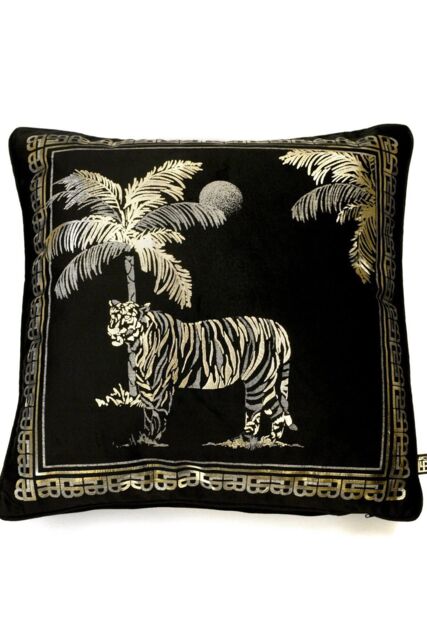 Laurence Llewelyn-Bowen 'Tiger Tiger' Opulent Foil Printed Luxury Velvet Filled Cushion in Black - Size: 43 cm x 43 cm - image 1