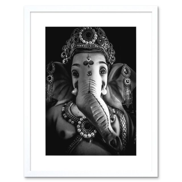 "Artery8 Wall Art Print Black & White Ganesh Hindu Art Black Framed 9x7 inch - Size: W7"" x H9""" - image 1