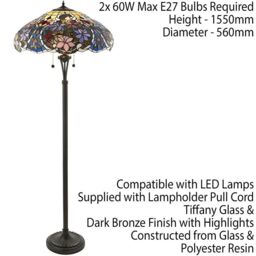 Loops 1.5m Tiffany Twin Floor Lamp Dark Bronze & Floral Stained Glass Shade i00027 in Clear - thumbnail 2