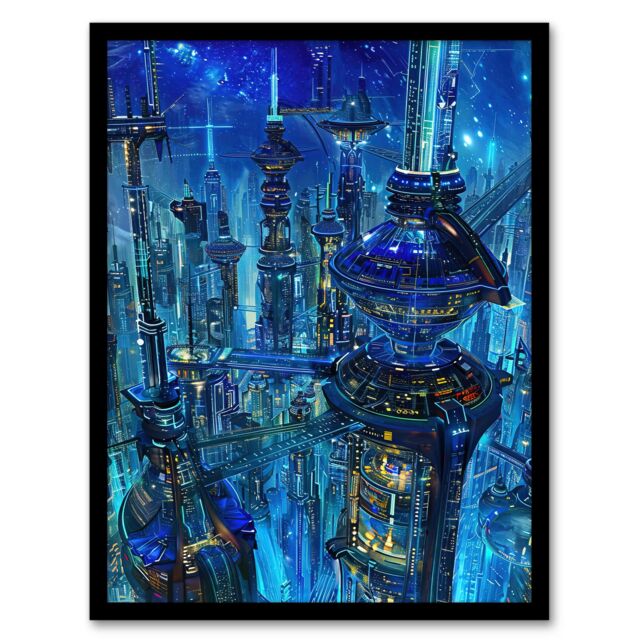 Artery8 Futuristic City Sci Fi Cityscape Conceptual Art Framed Wall Art in Blue - Size: A4 - image 1