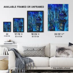 Artery8 Futuristic City Sci Fi Cityscape Conceptual Art Framed Wall Art in Blue - Size: A4 - thumbnail 3