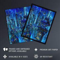 Artery8 Futuristic City Sci Fi Cityscape Conceptual Art Framed Wall Art in Blue - Size: A4 - thumbnail 2