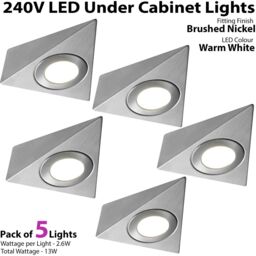 Loops 5x BRUSHED NICKEL Triangle Surface Under Cabinet Kitchen Light Kit - 240V Mains Powered - Warm White LED in Metallics - thumbnail 2