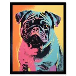 "Artery8 Wall Art Print Cute Pug Dog Colourful Artwork Pink Turquoise Orange & Yellow Vibrant Pet Portrait Art Framed in Black - Size: W12"" x H16""" - thumbnail 1