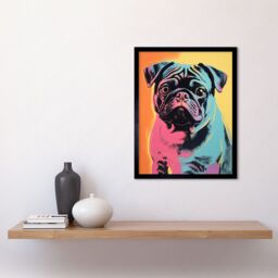 "Artery8 Wall Art Print Cute Pug Dog Colourful Artwork Pink Turquoise Orange & Yellow Vibrant Pet Portrait Art Framed in Black - Size: W12"" x H16""" - thumbnail 2