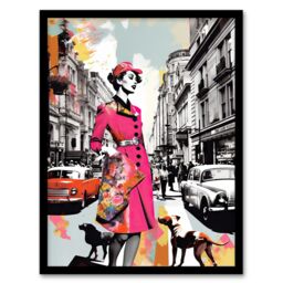Artery8 Wall Art Print London Woman In Pink Retro Glam Fashion Collage Artwork Stylish Dog Walk Busy Downtown Street Vibrant Colourful Bold Pop Art - thumbnail 1