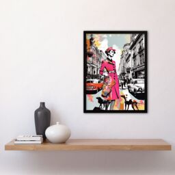Artery8 Wall Art Print London Woman In Pink Retro Glam Fashion Collage Artwork Stylish Dog Walk Busy Downtown Street Vibrant Colourful Bold Pop Art - thumbnail 4