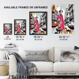 Artery8 Wall Art Print London Woman In Pink Retro Glam Fashion Collage Artwork Stylish Dog Walk Busy Downtown Street Vibrant Colourful Bold Pop Art - thumbnail 3