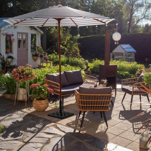 Wyld and Coco Garden Sun Parasol 245 cm - Black and White Striped Canopy Birch Wood - image 1