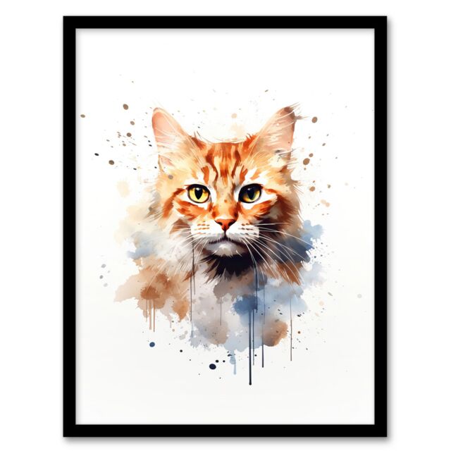 "Artery8 Wall Art Print Orange Tabby Cat Lovers Gift Watercolour Pet Portrait Painting Artwork Art Framed - Size: W12"" x H16""" - image 1