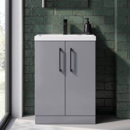 Balterley Bathroom Vanity Basin Unit, Black Handles, 600mm, Satin Grey - thumbnail 4