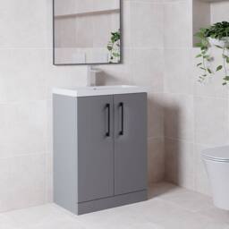 Balterley Bathroom Vanity Basin Unit, Black Handles, 600mm, Satin Grey - thumbnail 3