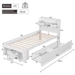 Matteo Children's Multifunctional Single Daybed - USB Port & Storage - White - thumbnail 5