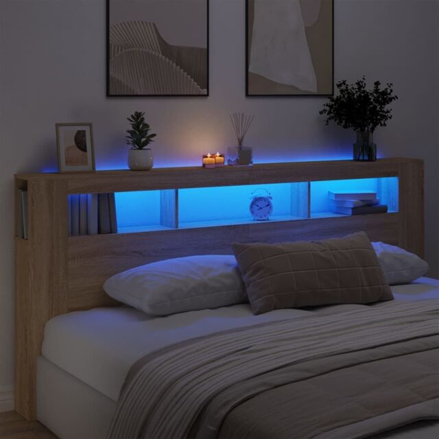 Berkfield Home LED Headboard Sonoma Oak 220x18.5x103.5 cm Engineered Wood in Brown - image 1