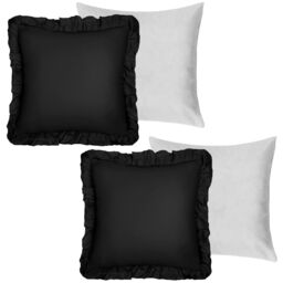OHS 2 Pack Linen Frill Cushion Covers Filled Home Living Luxury in Black - Size: 45 cm x 45 cm