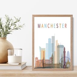 ARTZE Manchester Colourful City Skyline Framed Print SIZE: A2 with Oak Frame in Pale Blue - Size: A4 - thumbnail 2