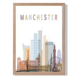 ARTZE Manchester Colourful City Skyline Framed Print SIZE: A2 with Oak Frame in Pale Blue - Size: A4 - thumbnail 1