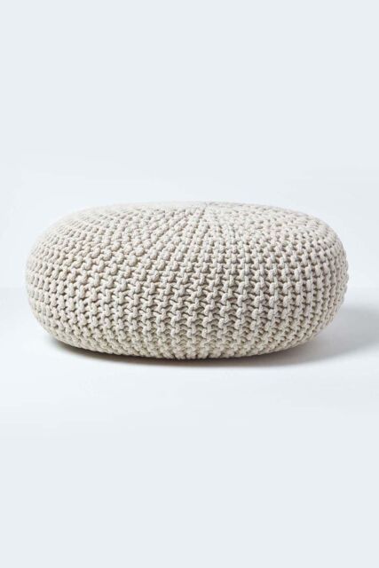 Homescapes Large Round Cotton Knitted Pouffe Footstool in Natural - image 1