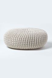 Homescapes Large Round Cotton Knitted Pouffe Footstool in Natural