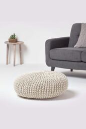 Homescapes Large Round Cotton Knitted Pouffe Footstool in Natural - thumbnail 2