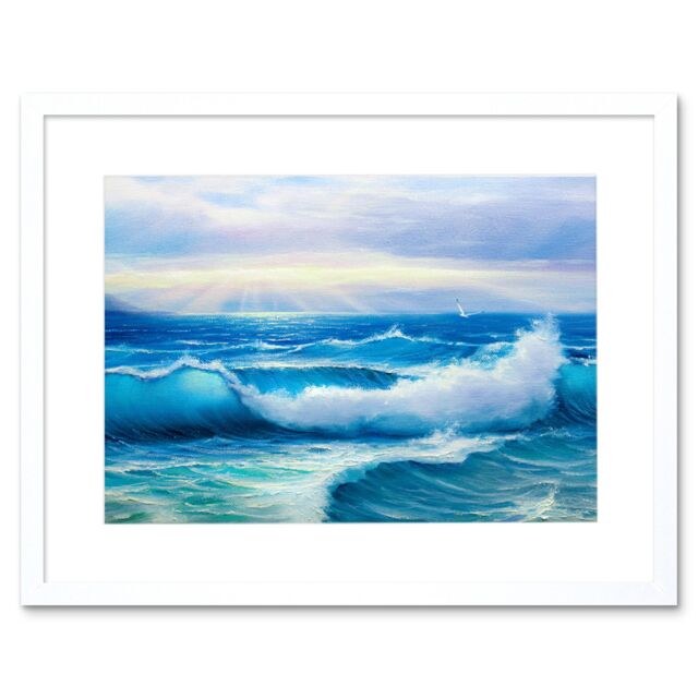 "Artery8 Wall Art Print Morning Rays On Breaking Waves Art Framed 9x7 inch in White - Size: W7"" x H9""" - image 1