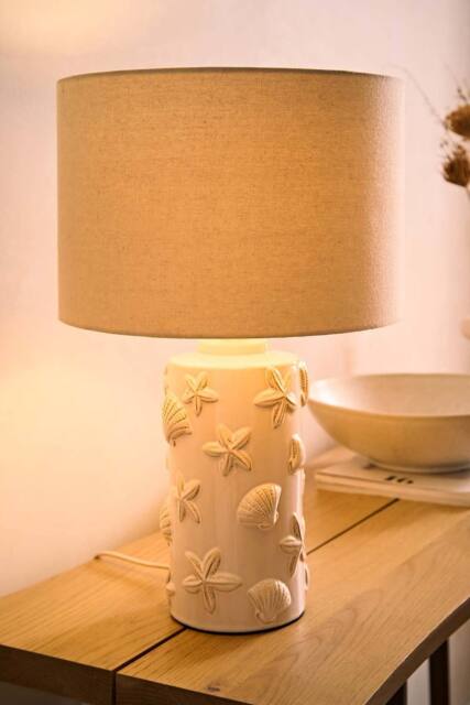 ValueLights Selene Linen Shade Ceramic Embossed Seashell Table Lamp with Bulb in Cream - image 1