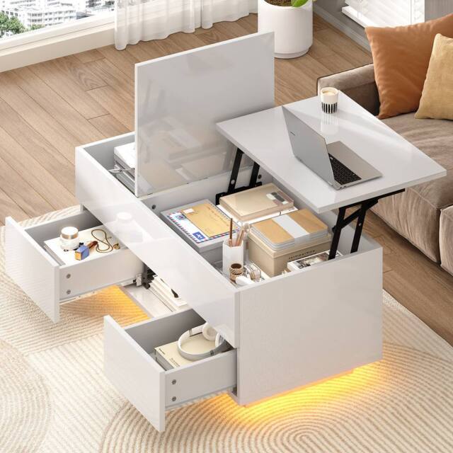 Merax High Gloss Lift-Top Coffee Table with Hidden Storage & LED in White - image 1