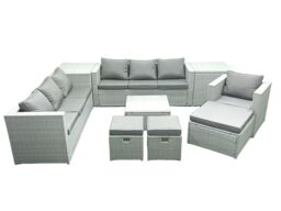 Fimous Wicker PE Rattan Sofa Garden Furniture Set with Armchair Square Coffee Table 3 Footstools 2 Side Tables Light Grey Mixed - thumbnail 1