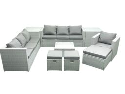 Fimous Wicker PE Rattan Sofa Garden Furniture Set with Armchair Square Coffee Table 3 Footstools 2 Side Tables Light Grey Mixed - thumbnail 2