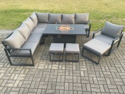 Fimous Aluminium Lounge Corner Sofa Outdoor Garden Furniture Sets Gas Fire Pit Dining Table Set with Chair 3 Footstools Dark Grey - thumbnail 2