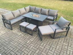 Fimous Aluminium Lounge Corner Sofa Outdoor Garden Furniture Sets Gas Fire Pit Dining Table Set with Chair 3 Footstools Dark Grey - thumbnail 1