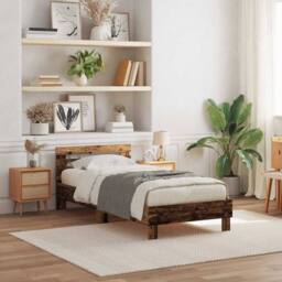 Berkfield Home Bed Frame with LED Lights Old Wood 75x190 cm Engineered Wood in Brown - thumbnail 2