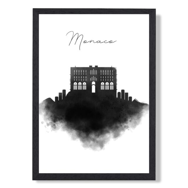 ARTZE Monaco Watercolour Skyline City Framed Print SIZE: A3 with Black Frame - Size: A4 - image 1
