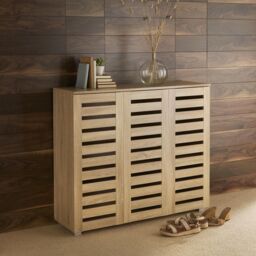 Home Source Oslo 3 Door Shoe Storage Cabinet Unit Cupboard Slatted Doors in Light Oak - thumbnail 1