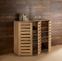 Home Source Oslo 3 Door Shoe Storage Cabinet Unit Cupboard Slatted Doors in Light Oak - thumbnail 2