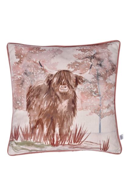 Dreams & Drapes 'Hanson Highland Cow' Luxe Velvet Filled Cushion in Terracotta - Size: 43 cm x 43 cm - image 1
