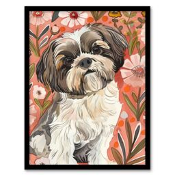 "Artery8 Dog Lover Cute Shih Tzu Puppy With Wildflowers Framed Wall Art in Pink - Size: W12"" x H16""" - thumbnail 1