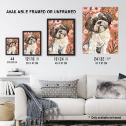 "Artery8 Dog Lover Cute Shih Tzu Puppy With Wildflowers Framed Wall Art in Pink - Size: W12"" x H16""" - thumbnail 3