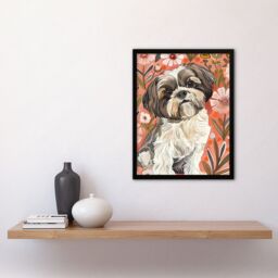 "Artery8 Dog Lover Cute Shih Tzu Puppy With Wildflowers Framed Wall Art in Pink - Size: W12"" x H16""" - thumbnail 4