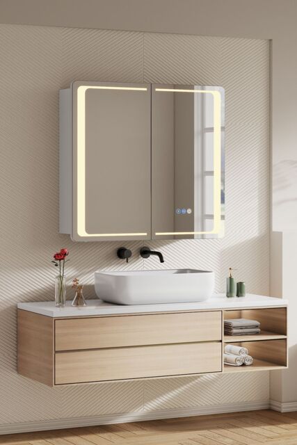 Living and Home Double-Door Bathroom Mirror Cabinet with LED Lighting in Silver - image 1