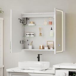 Living and Home Double-Door Bathroom Mirror Cabinet with LED Lighting in Silver - thumbnail 4