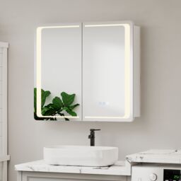 Living and Home Double-Door Bathroom Mirror Cabinet with LED Lighting in Silver - thumbnail 3