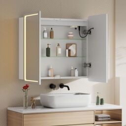 Living and Home Double-Door Bathroom Mirror Cabinet with LED Lighting in Silver - thumbnail 2
