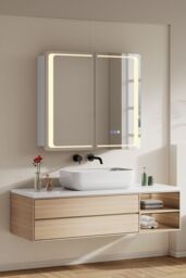 Living and Home Double-Door Bathroom Mirror Cabinet with LED Lighting in Silver