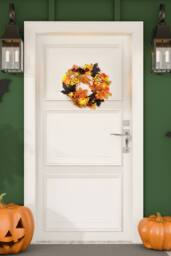 H&O Direct 35cm Halloween Wreath with Maple Leaves, Berries, Ghost Card & 2m LED Lights in Orange - thumbnail 1