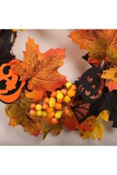 H&O Direct 35cm Halloween Wreath with Maple Leaves, Berries, Ghost Card & 2m LED Lights in Orange - thumbnail 7