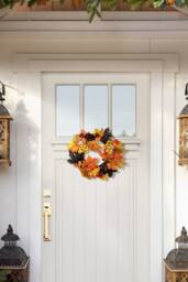 H&O Direct 35cm Halloween Wreath with Maple Leaves, Berries, Ghost Card & 2m LED Lights in Orange - thumbnail 2
