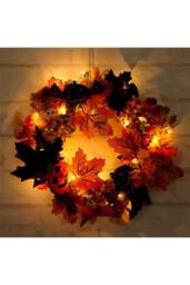 H&O Direct 35cm Halloween Wreath with Maple Leaves, Berries, Ghost Card & 2m LED Lights in Orange - thumbnail 4