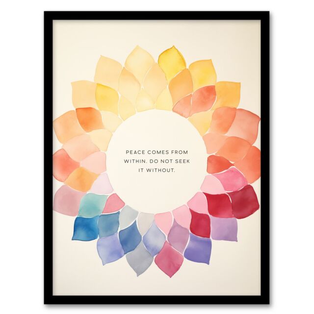 Artery8 Wall Art Print Peace Comes From Within Buddhist Mindfulness Quote Mandala Framed Art in Orange - Size: A4 - image 1