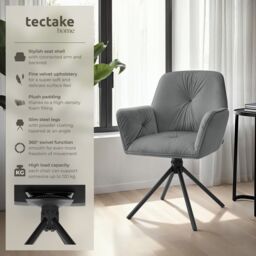 tectake Swivel Chair Lenia Set Of 2 - Velvet Look Anthracite/Black in Dark Grey - Size: 2 Pack - thumbnail 2